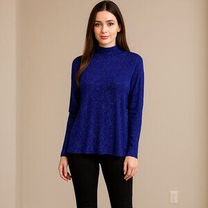 Women 3XL Royal Blue Multicolor Glitter Liquid Knit Long Sleeve Mock Neck Top**